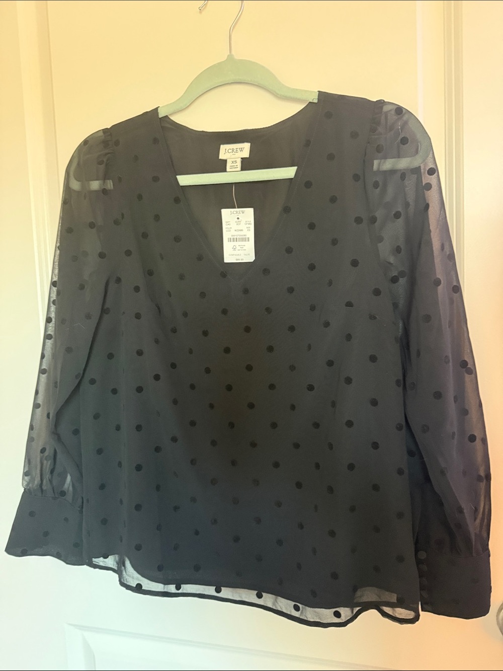J. Crew Black Sheer Polka Dot V-Neck Blouse